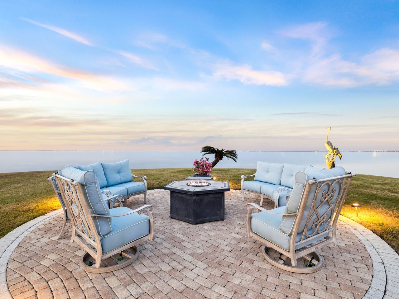Destin bayfront firepit at dusk